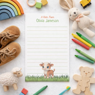 Cute Kid's Name Hereford Cow Lined Stationery