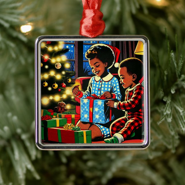 Cute Kids on Christmas Morning Holiday Metal Tree Decoration (Tree)