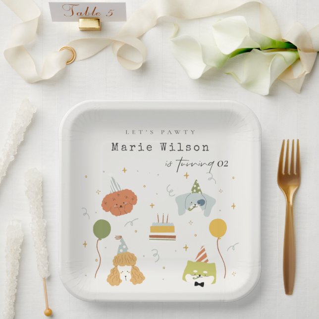 Cute Kids Pawty Puppy Dogs Any Age Birthday Paper Plate (Wedding)