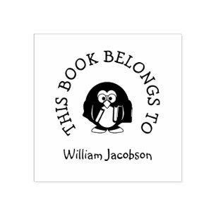 Cute Kids Penguin Books This Book Belongs to Name Rubber Stamp