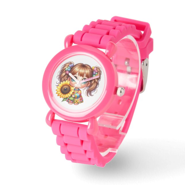 Cute Kids Pink Watch Adorable Cartoon Design  (Angle)
