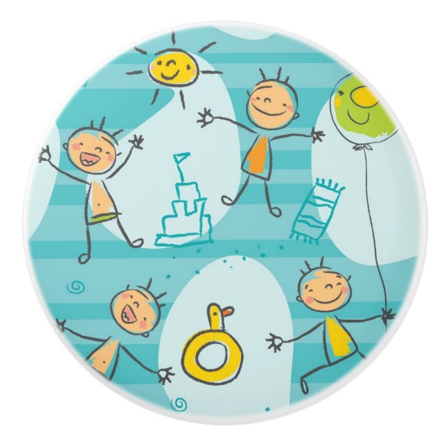 Cute kids playing on the beach pattern ceramic knob (Front)