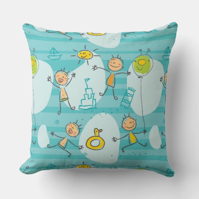 Cute kids playing on the beach pattern cushion (Front)