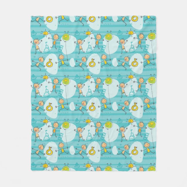 Cute kids playing on the beach pattern fleece blanket (Front)