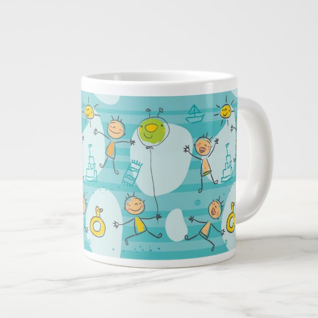 Cute kids playing on the beach pattern large coffee mug (Front Right)