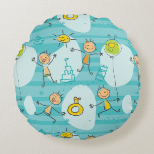Cute kids playing on the beach pattern round cushion