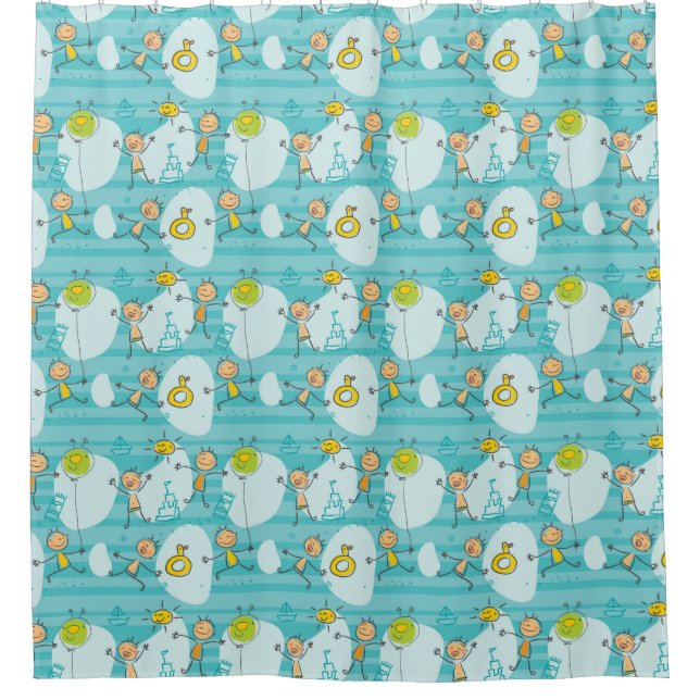 Cute kids playing on the beach pattern shower curtain (Front)
