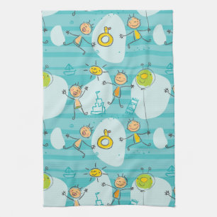 Cute kids playing on the beach pattern tea towel