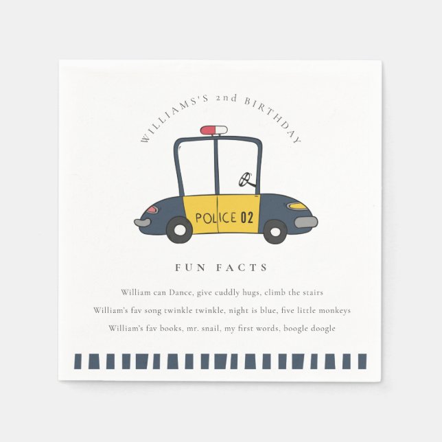 Cute Kids Police Car Any Age Birthday Fun Facts Napkin (Front)
