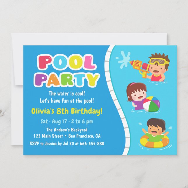 Cute Kids Pool Party Fun Birthday Invitations (Front)
