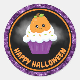 Cute Kids Pumpkin Cake & Purple Glitter Halloween Classic Round Sticker