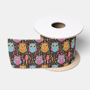 Cute Kids Purple Blue Orange Owls Satin Ribbon