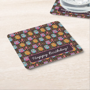 Cute Kids Purple Blue Orange Owls Square Paper Coaster