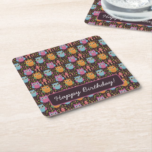 Cute Kids Purple Blue Orange Owls Square Paper Coaster (Angled)