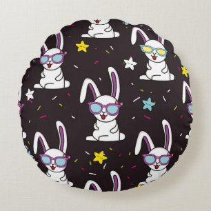Cute kids rabbit pattern. Colourful rabbit, stars  Round Cushion