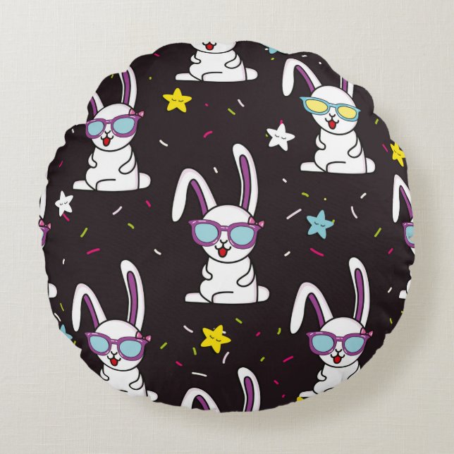 Cute kids rabbit pattern. Colourful rabbit, stars  Round Cushion (Front)