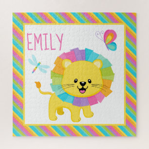 Cute Kids Rainbow Lion on Colourful Stripes Patter Jigsaw Puzzle