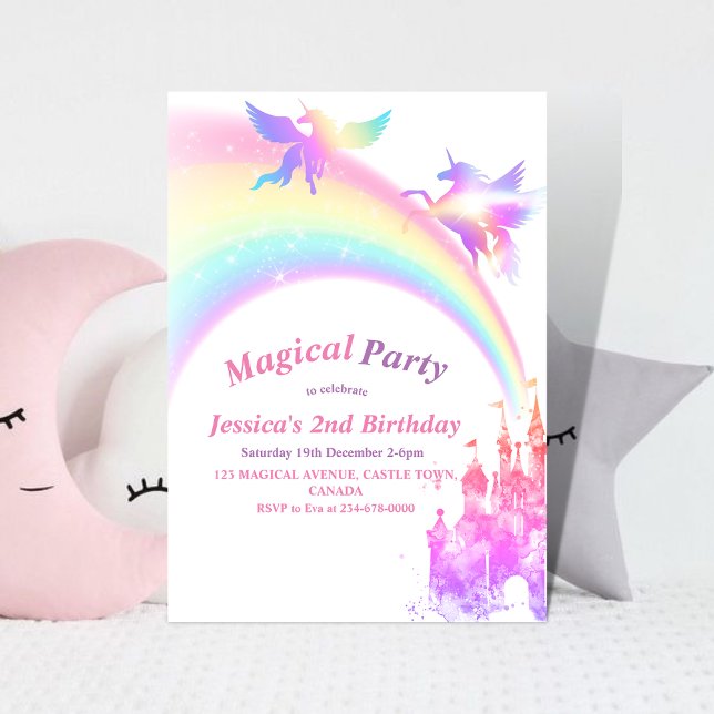 Cute Kids Rainbow Unicorn Girly 1st Kids Birthday Invitation (Creator Uploaded)