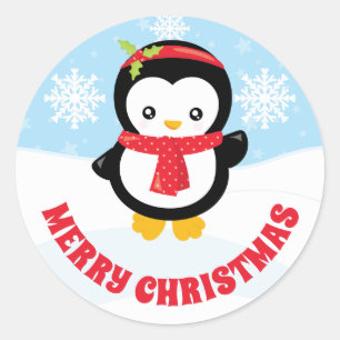 Cute Kids Red Headband Penguin Merry Christmas Classic Round Sticker
