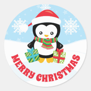 Cute Kids Red Santa Hat Penguin Merry Christmas Classic Round Sticker