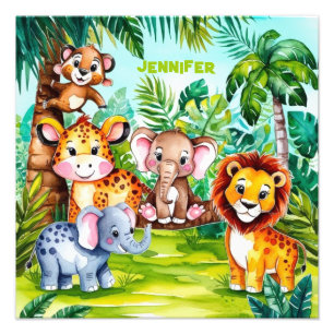 Cute Kids Safari Jungle Animals Personalised Name Photo Print