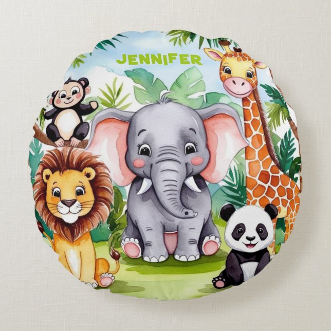Cute Kids Safari Jungle Animals Personalised Name Round Cushion (Front)