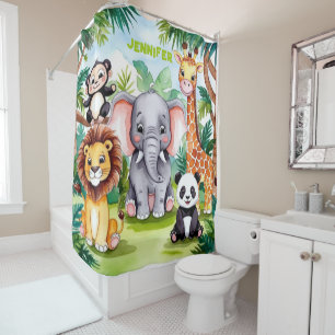 Cute Kids Safari Jungle Animals Personalised Name Shower Curtain