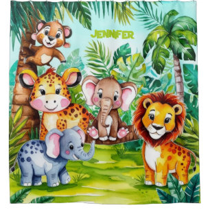 Cute Kids Safari Jungle Animals Personalised Name Shower Curtain