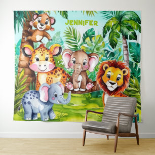 Cute Kids Safari Jungle Animals Personalised Name Tapestry