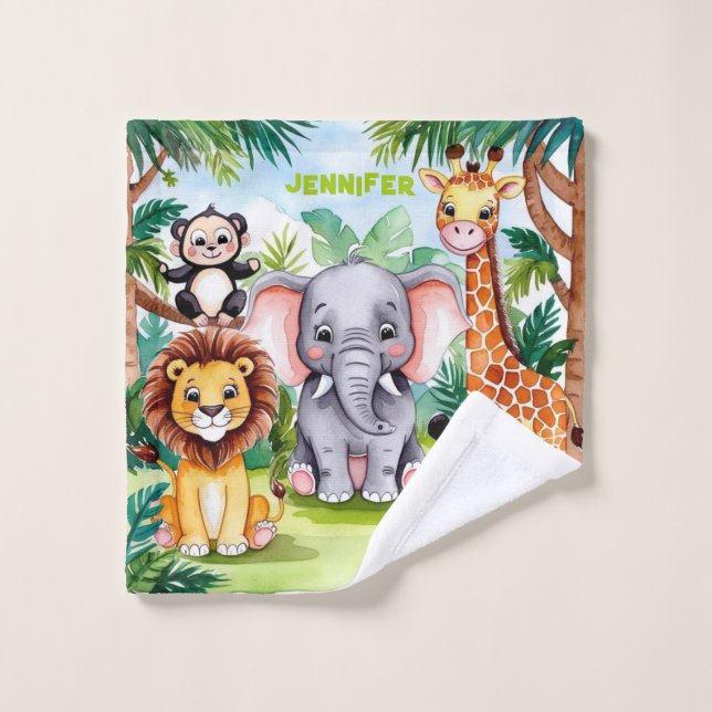 Cute Kids Safari Jungle Animals Personalised Name Wash Cloth (Wash Cloth)