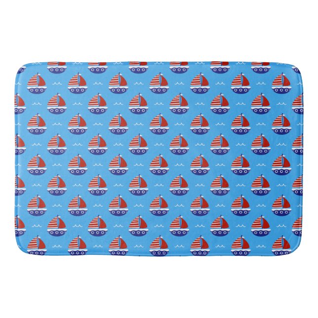 Cute Kids Sailboat Pattern Ocean Blue Bath Mat (Front)