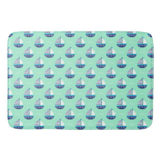 Cute Kids Sailboat Pattern Sea Green Bath Mat