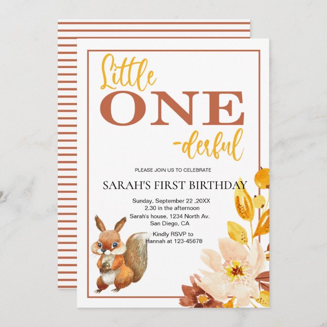 Cute Kids Squirrel One-derful First Birthday  Invitation (Front/Back)