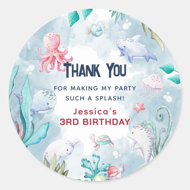Cute Kids Under the Sea Birthday Thank You Classic Round Sticker (Front)