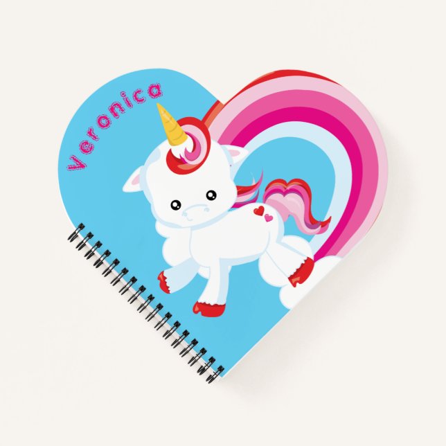 Cute Kids Unicorn Rainbow Colourful Heart Shape Notebook (Front)