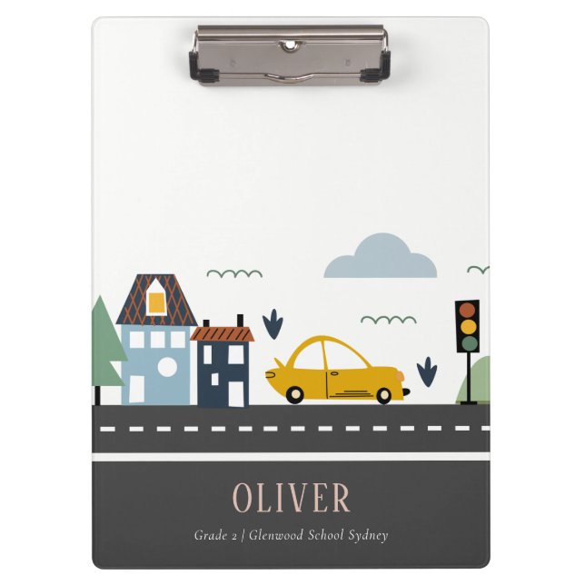 Cute Kids Urban City Vehicle Cars Road Cityscape Clipboard (Front)