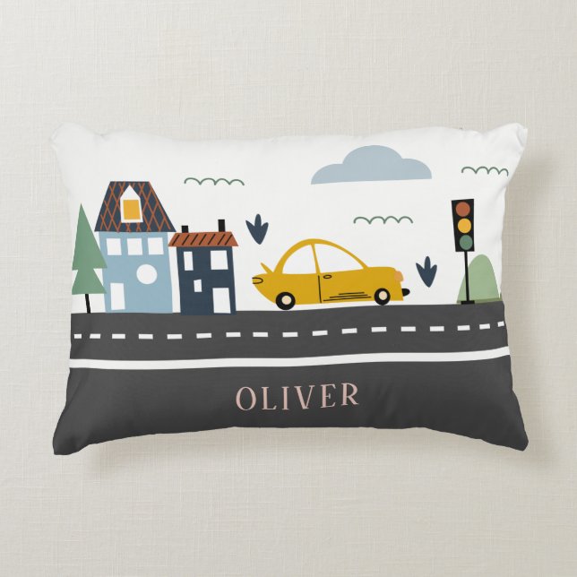 Cute Kids Urban City Vehicle Cars Road Cityscape Decorative Cushion (Front)