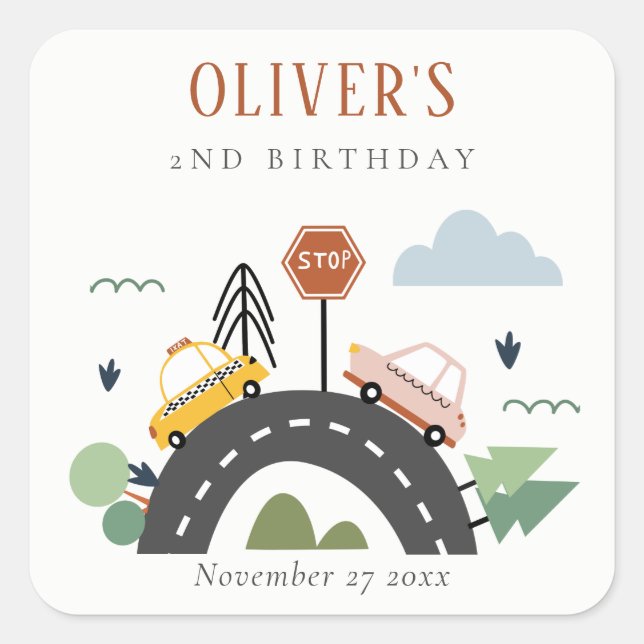 Cute Kids Urban Vehicle Cars Road Any Age Birthday Square Sticker (Front)