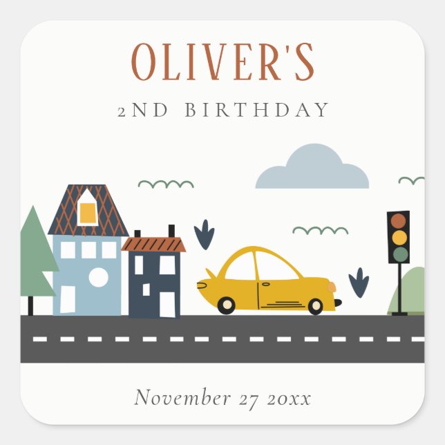 Cute Kids Urban Vehicle Cars Road Any Age Birthday Square Sticker (Front)