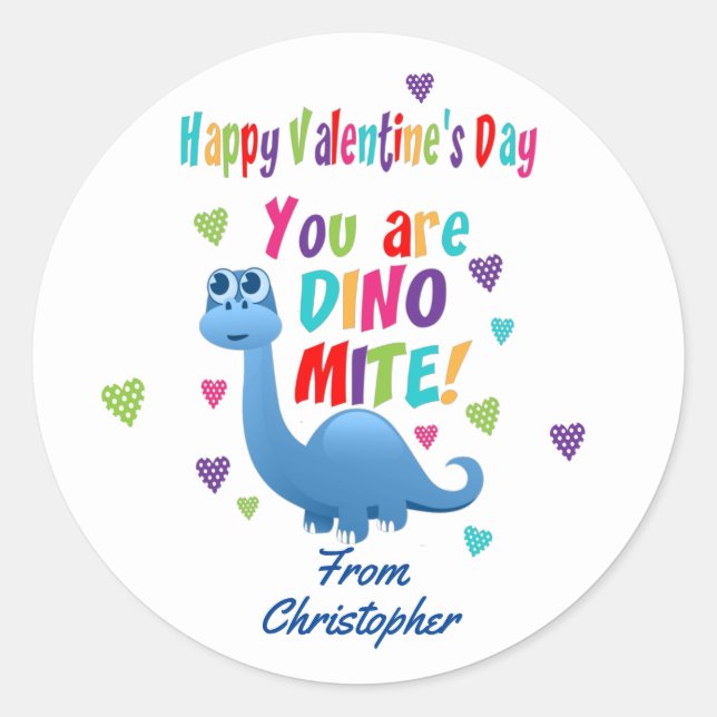 Cute Kids Valentines Day Classroom Dinosaur Gift Classic Round Sticker (Front)
