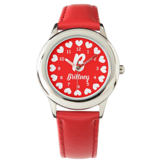Cute kid's watch with girl's name and small hearts (Front)