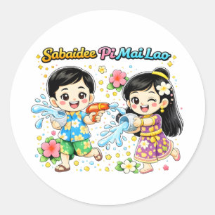 Cute Kids Water Fight Classic Round Sticker