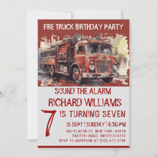 Cute Kids Watercolor Fire Truck Birthday Party Invitation