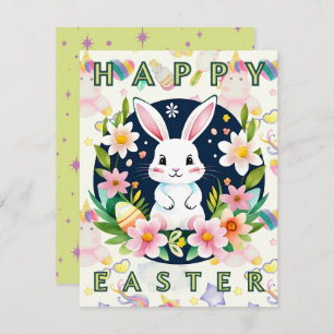 Cute Kids Watercolor Floral Bunny Egg Happy Easter Holiday Card
