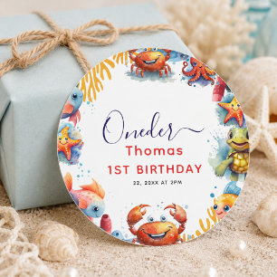 Cute Kids Watercolor Oneder the Sea 1st Birthday Classic Round Sticker