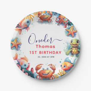 Cute Kids Watercolor Oneder the Sea 1st Birthday Paper Plate