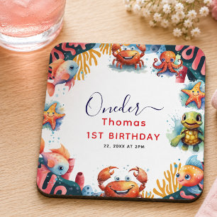 Cute Kids Watercolor Oneder the Sea 1st Birthday Square Paper Coaster