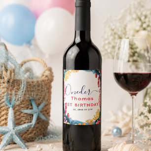 Cute Kids Watercolor Oneder the Sea 1st Birthday Wine Label