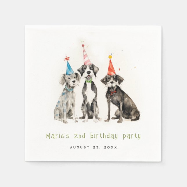 Cute Kids Watercolor Pawty Dog Birthday Party Napkin (Front)