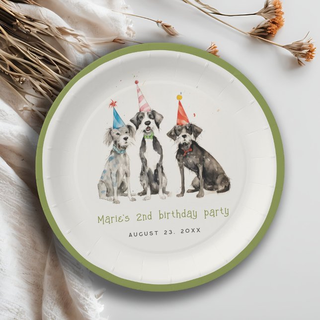 Cute Kids Watercolor Pawty Dog Birthday Party Paper Plate (Creator Uploaded)